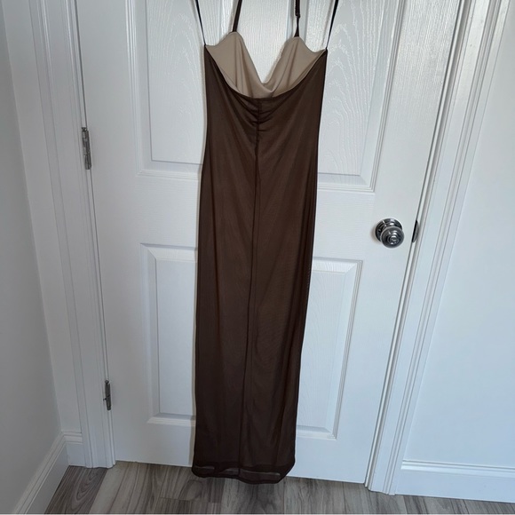 Brown Mesh Halter Seamed Maxi Dress - Picture 6 of 7